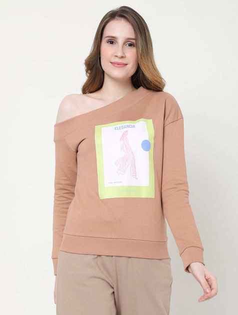 Dusty Pink One Shoulder Graphic Print Sweatshirt