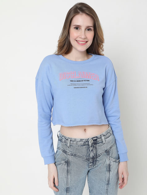 Blue Slogan Print Cropped Sweatshirt