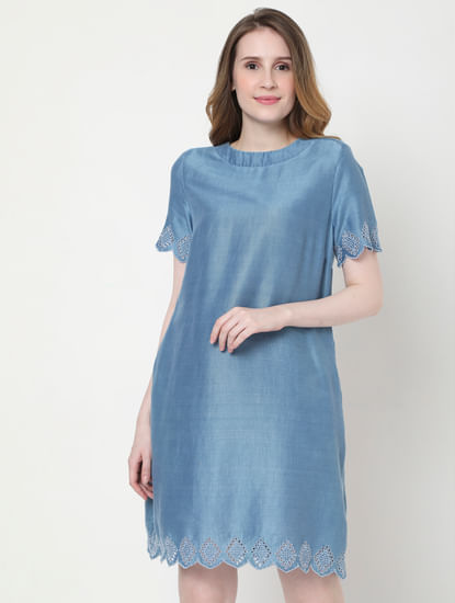 Blue Schiffli Embroidered Shift Dress
