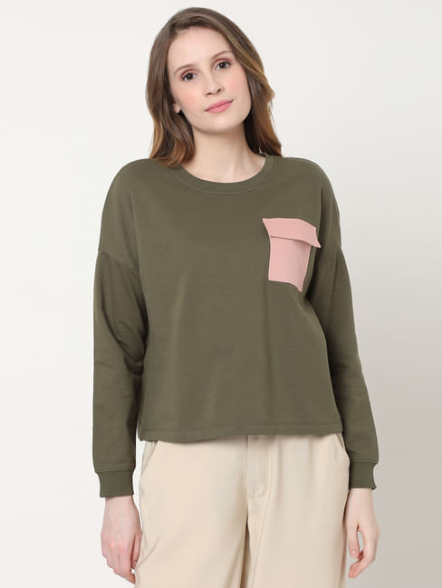 Green Contrast Pocket Sweatshirt