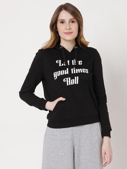 Black Slogan Print Hooded Sweatshirt