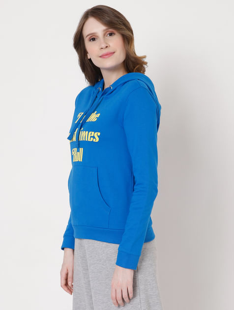 Blue Slogan Print Hooded Sweatshirt
