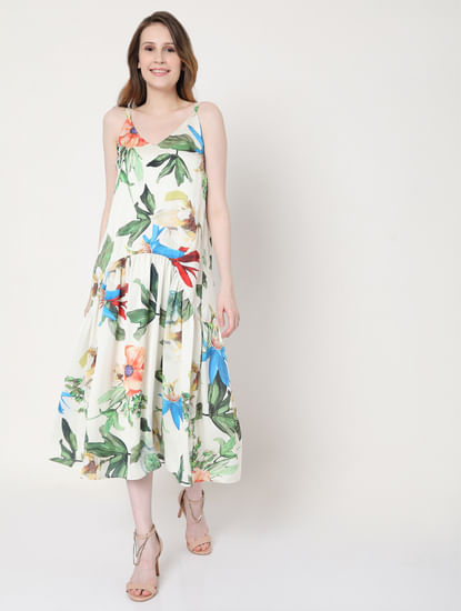 Beige Floral Strappy Dress
