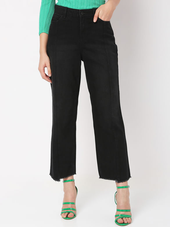 Black High Rise Frayed Jade Straight Fit Jeans