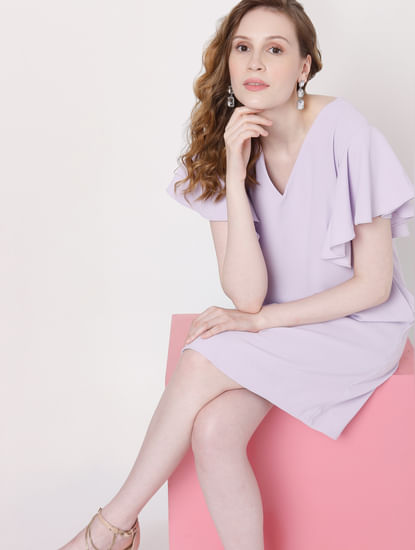 Lilac Ruffle Sleeves Shift Dress