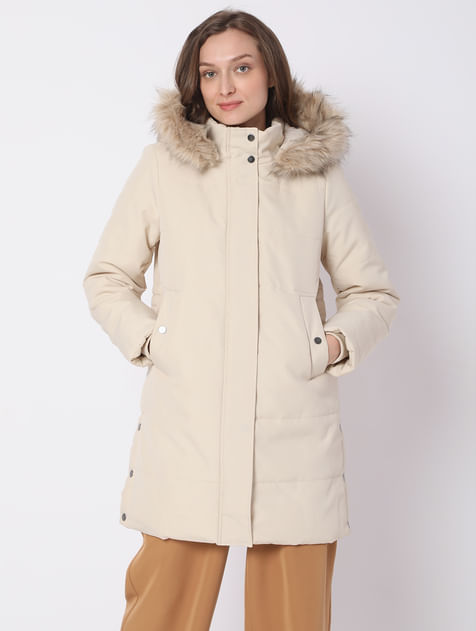 Beige Fur Hooded Coat