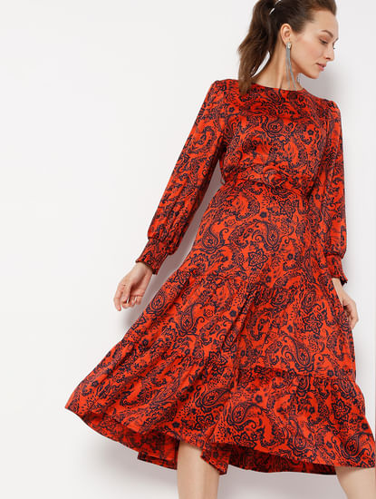 Red Paisley Print Midi Dress