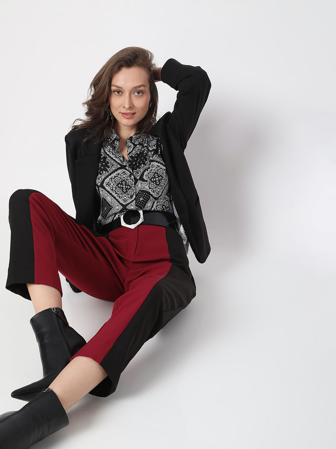 Buy Burgundy Mid Rise Slim Trousers Online In India