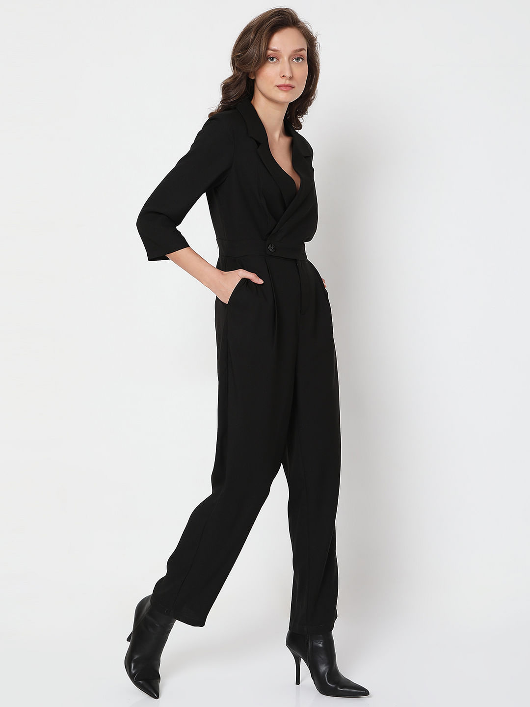 Womens black best sale jumpsuit with sleeves