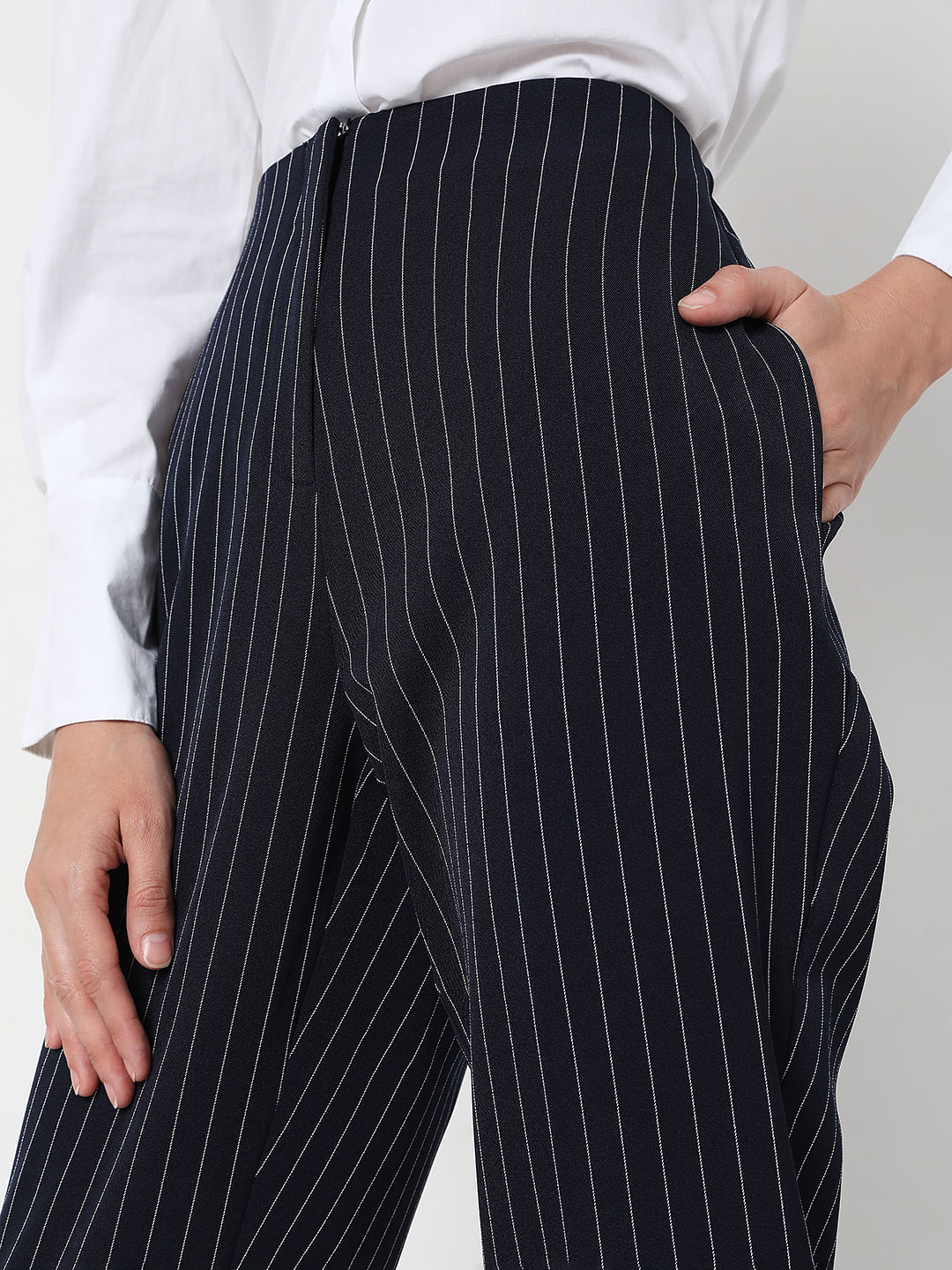 Black High Rise Striped Straight Fit Pants