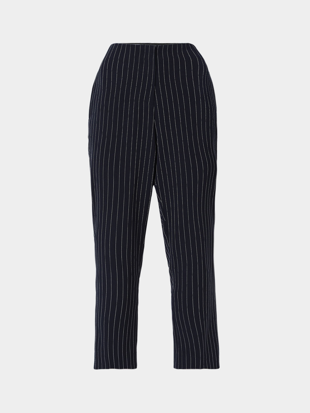 Buy Women Navy Blue  White Regular Fit Striped Regular Trousers online   Looksgudin