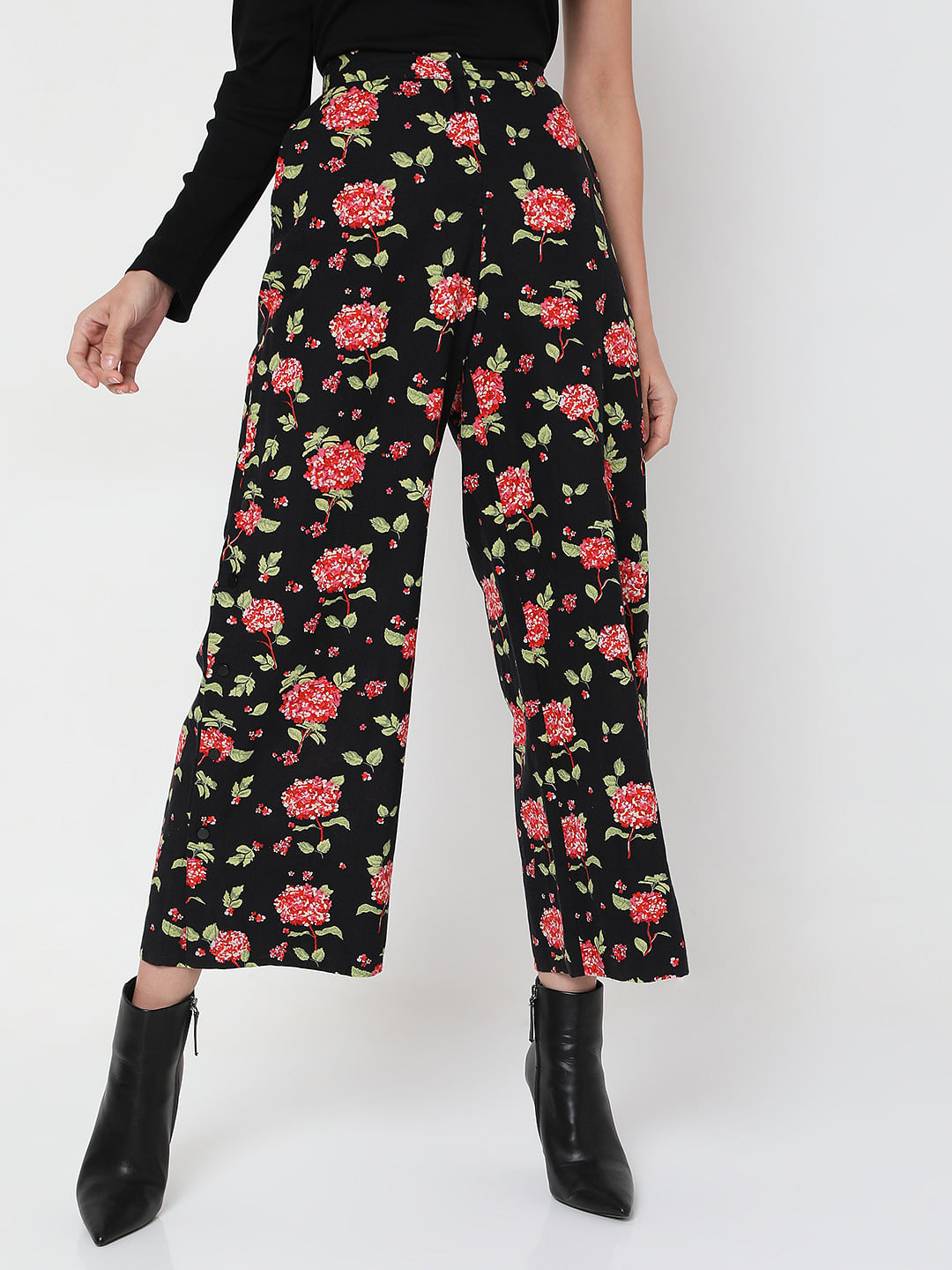 Buy AND White  Black Floral Print Pants for Women Online  Tata CLiQ