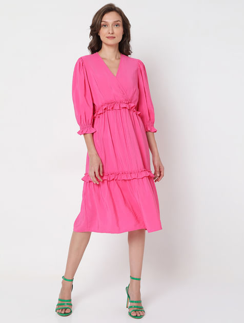 Pink Ruffle Tiered Midi Dress