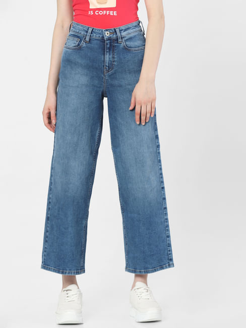 Blue High Rise Washed Wide Leg Jeans