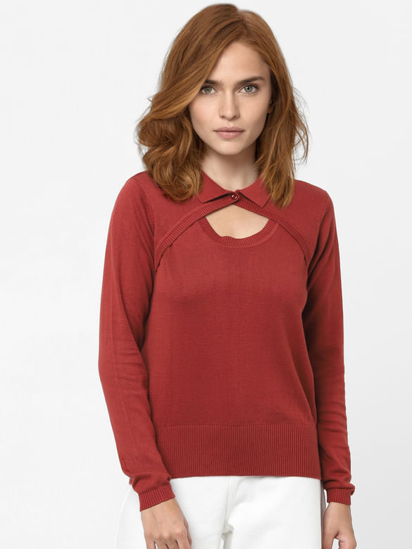 Red Peephole Detail Sweater