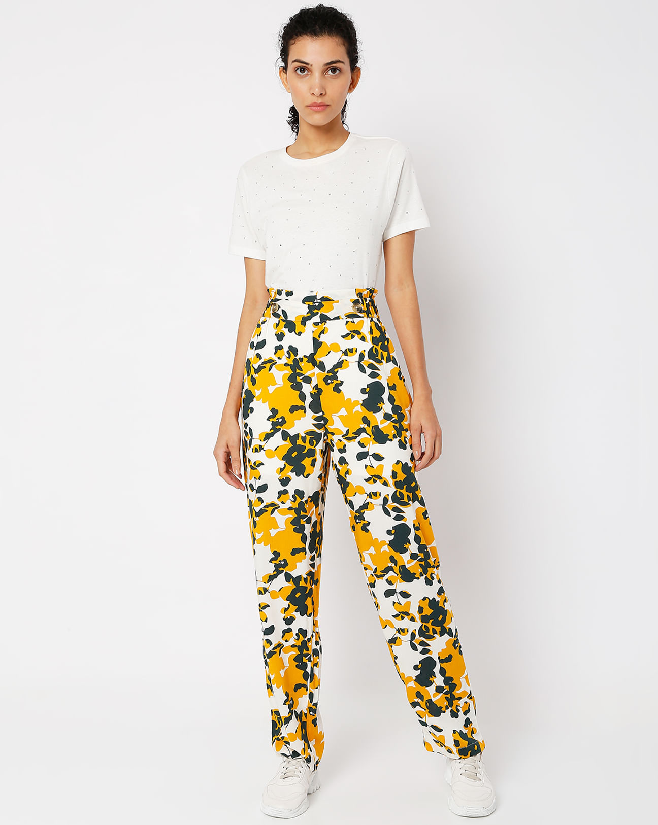 Yellow High Rise Floral Pants|287697101-Golden-Yellow