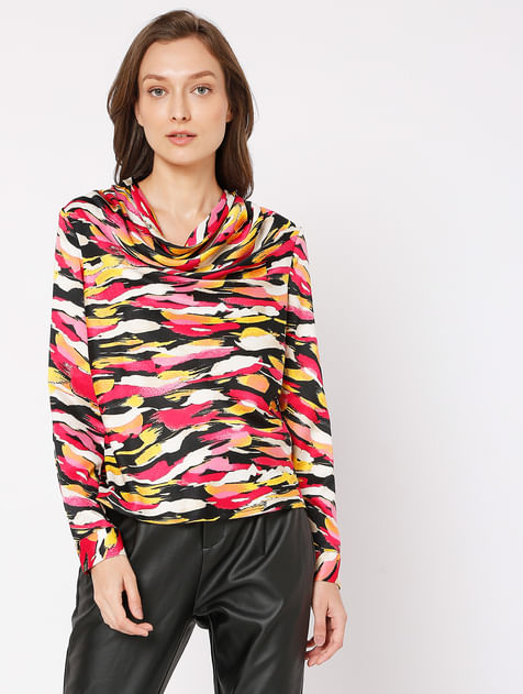 Red Abstract Print Cowl Neck Top