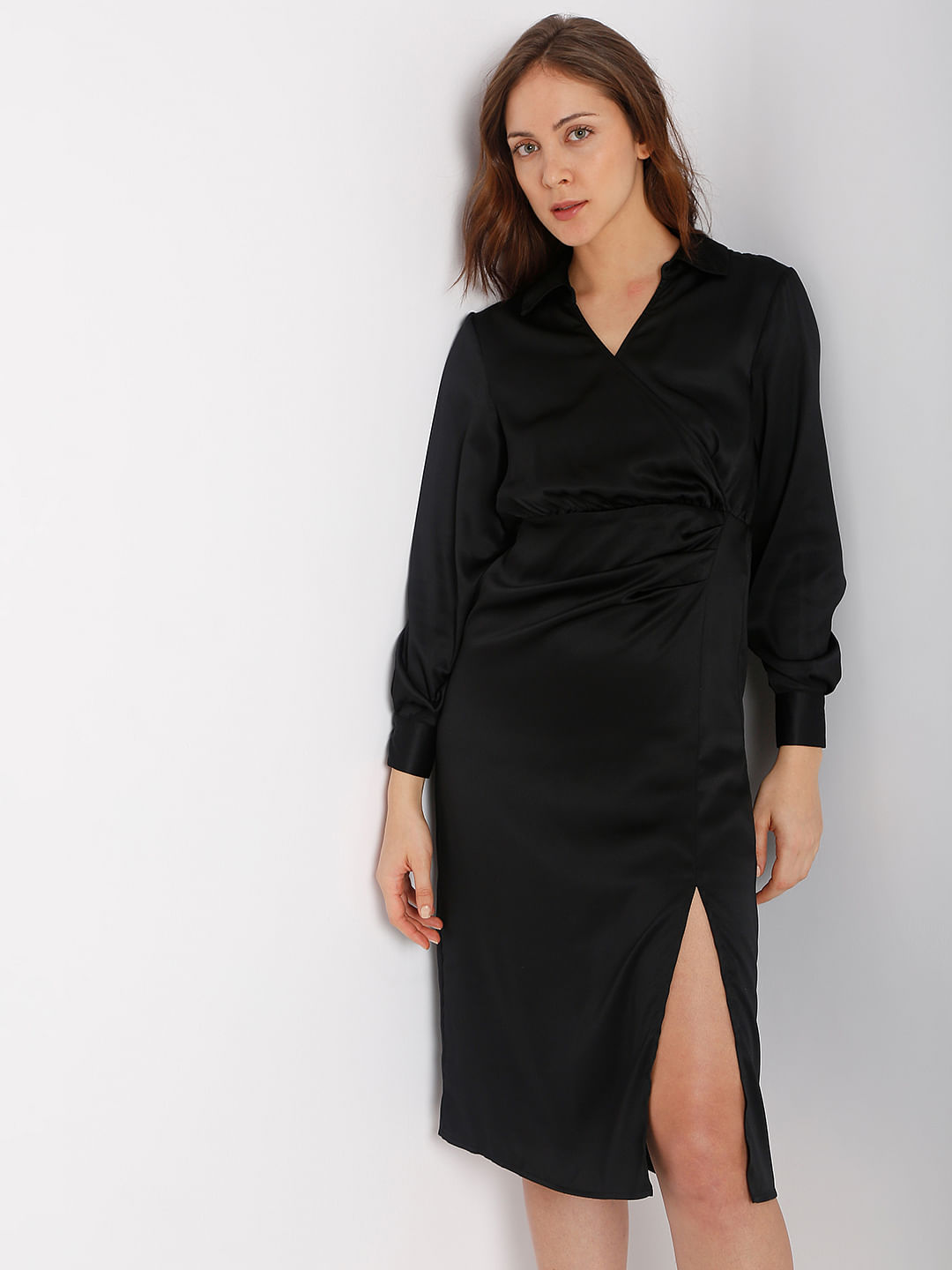 Black Satin Wrap Dress