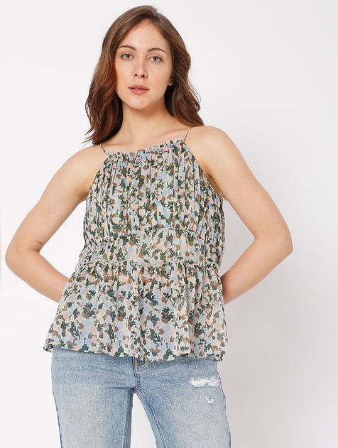 Green Floral Pleated Strap Top