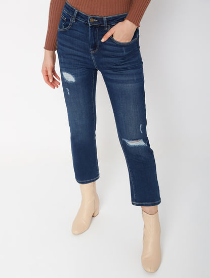 Blue High Rise Ripped Straight Fit Jeans