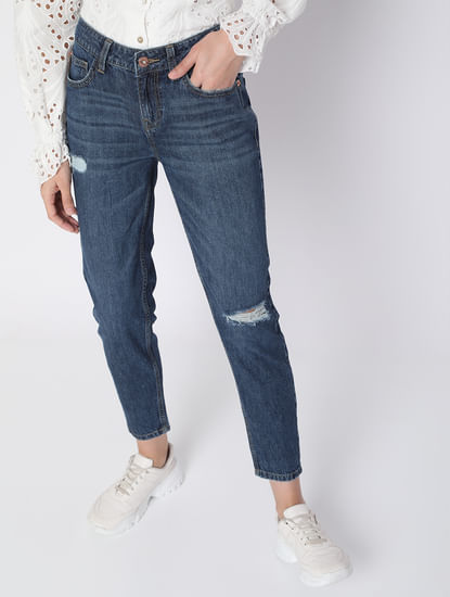 Blue Mid Rise Distressed Straight Fit Jeans