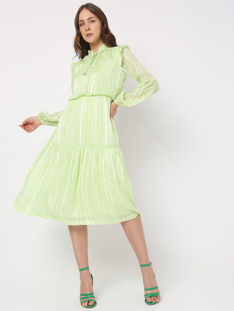 Green Lurex Tiered Midi Dress