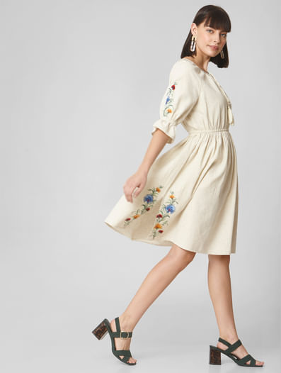Beige Embroidered Fit & Flare Dress