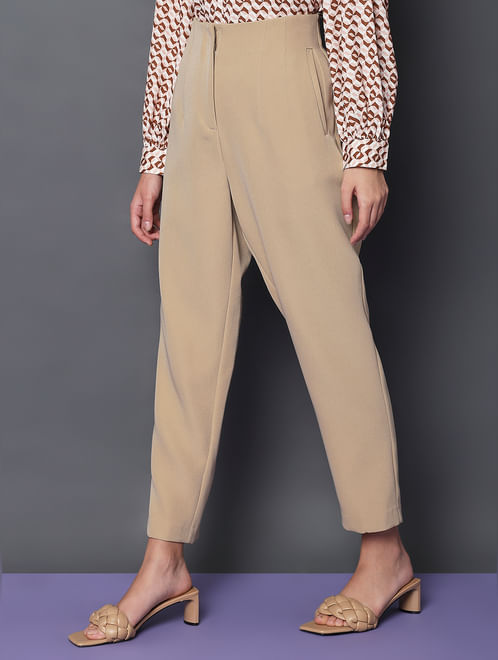 Beige High Rise Tapered Fit Pants