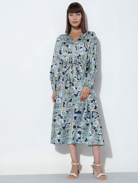 Navy Blue Floral Print Midi Dress
