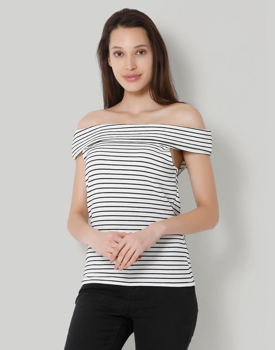 black and white striped off the shoulder top