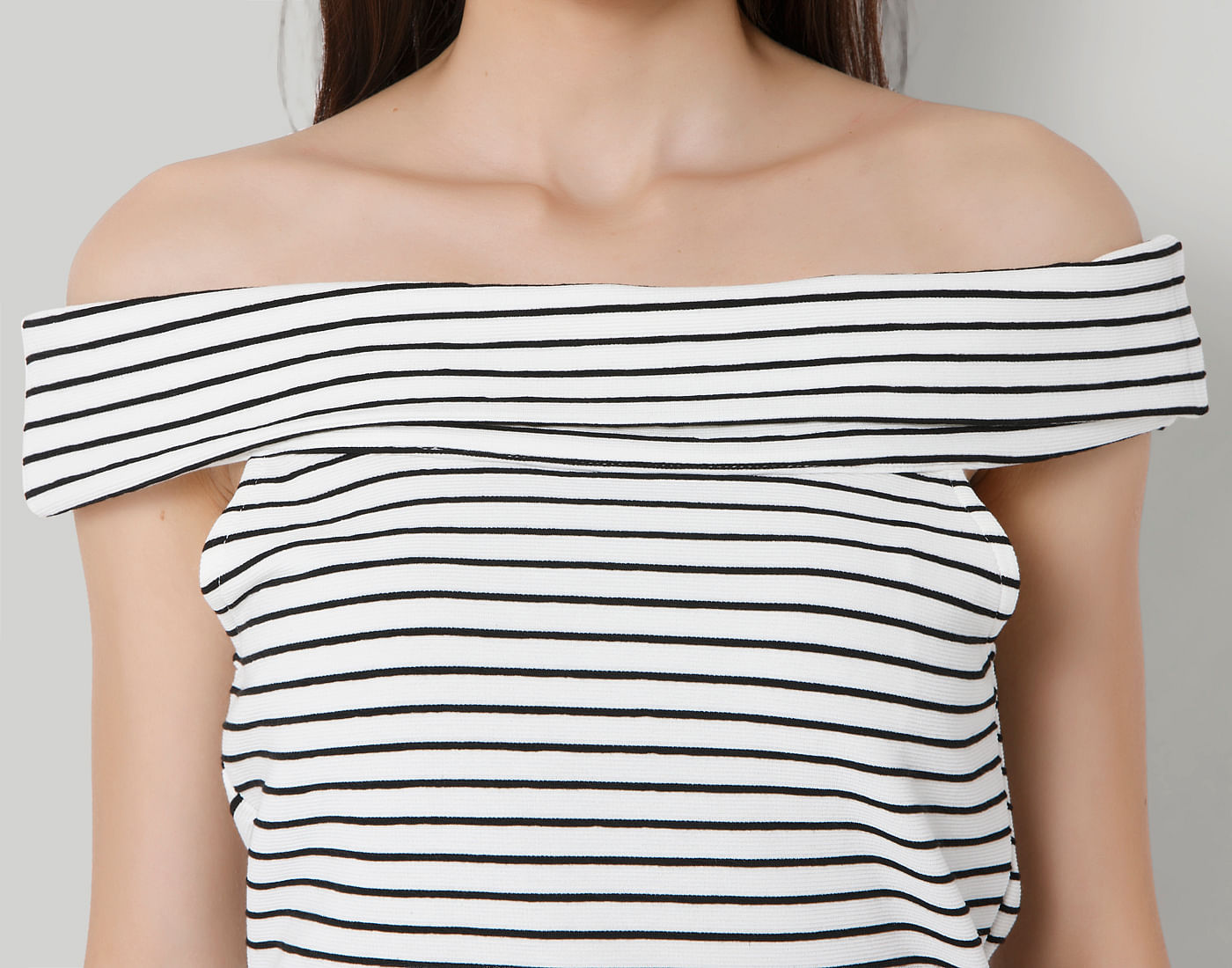 black and white striped off the shoulder shirt