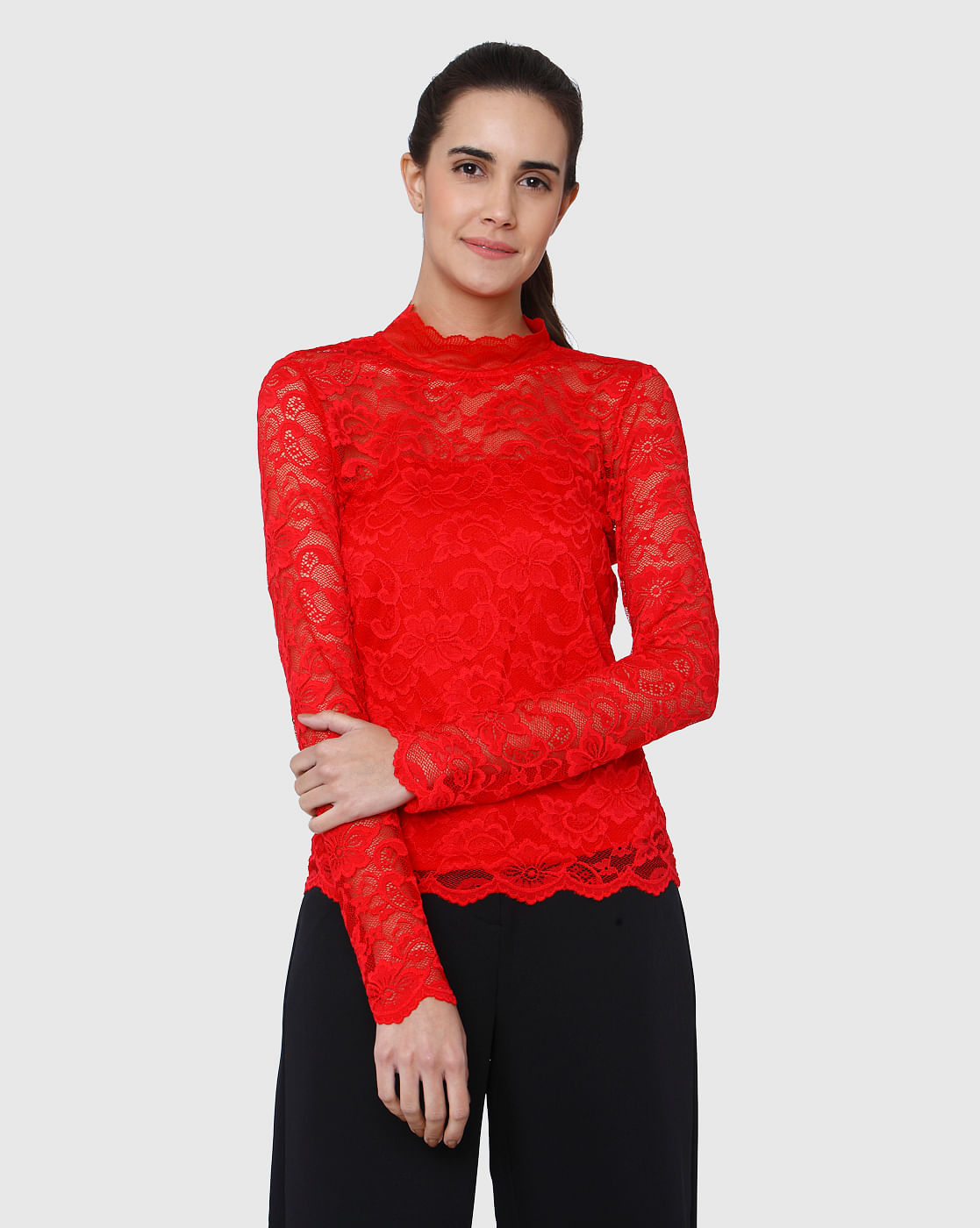 red lace high neck top