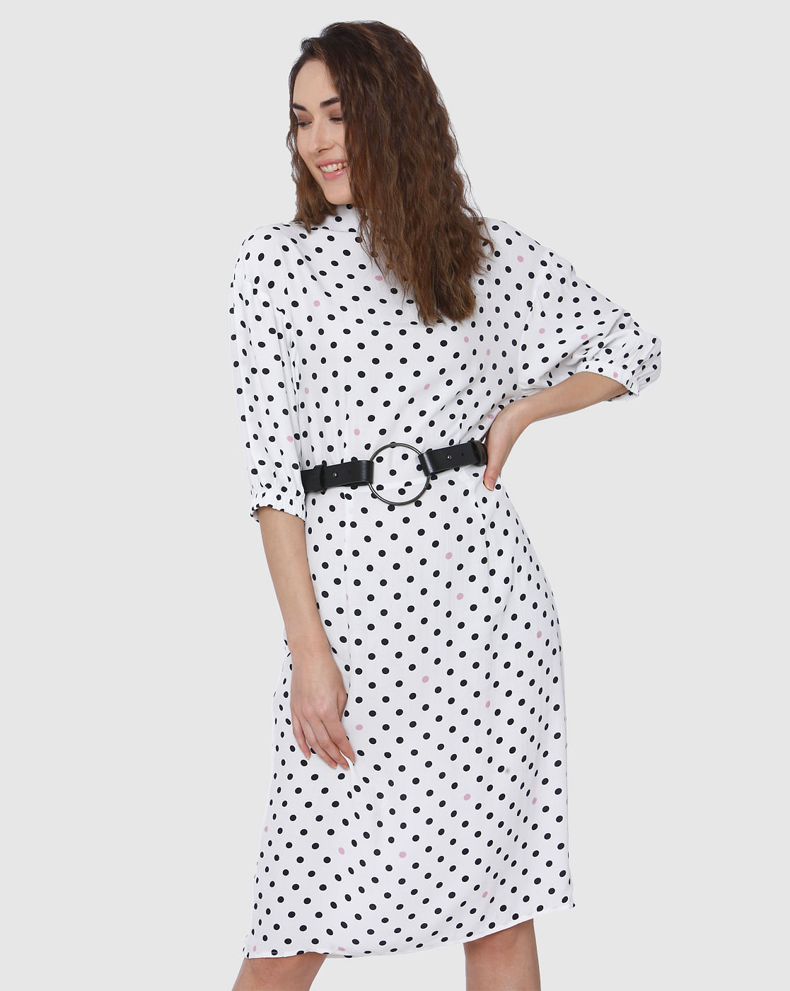 white polka dot dress midi