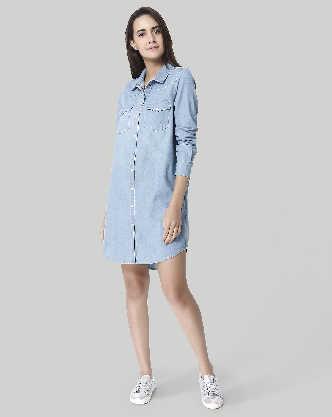 light blue denim shirt dress