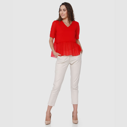Red Dobby Weave Ruffle Detail Top
