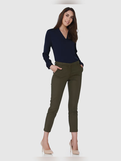 Green Mid Rise Ankle Length Straight Trousers