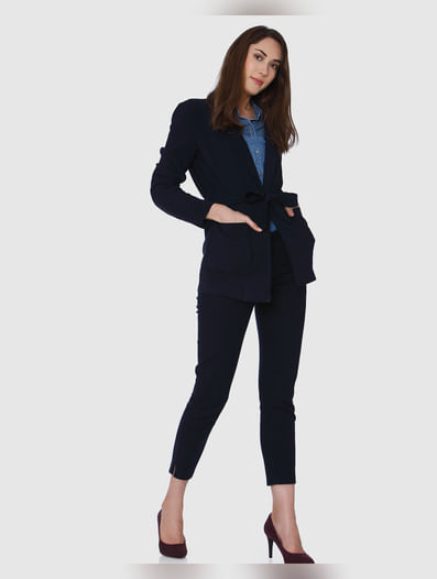 Navy Blue Mid Rise Ankle Length Straight Trousers