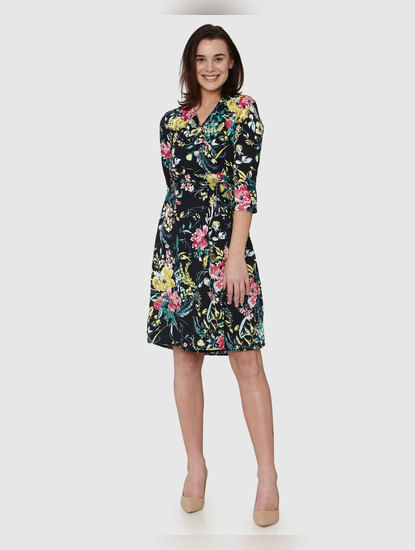 Navy Blue All Over Floral Print Wrap Fit & Flare Dress