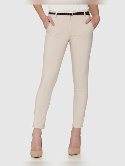 Beige Mid Rise Ankle Length Fitted Pants