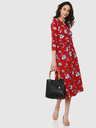 Red All Over Floral Print Midi Fit & Flare Dress