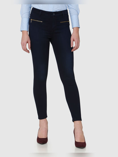 Blue Mid Rise Brushed Zip Detail Skinny Fit Jeans