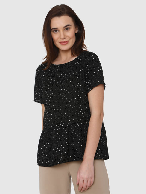 Black All Over Dotted Print Peplum Top