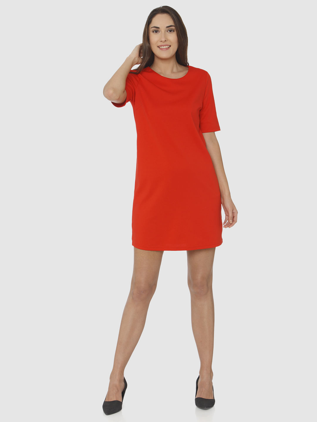 womens red shift dress