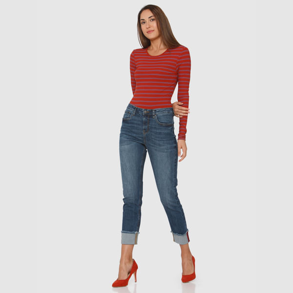 VERO MODA Blue Mid Rise Fold Up Hem With Side Tape Detail Anti Fit Jeans