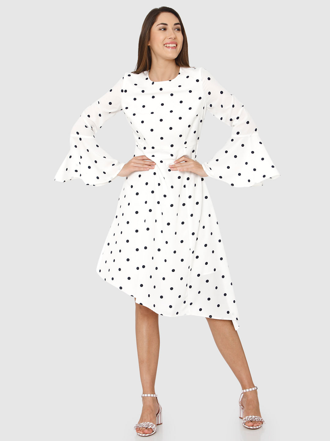 white polka dot midi dress
