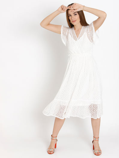 White Cut Work Lace Midi Dress