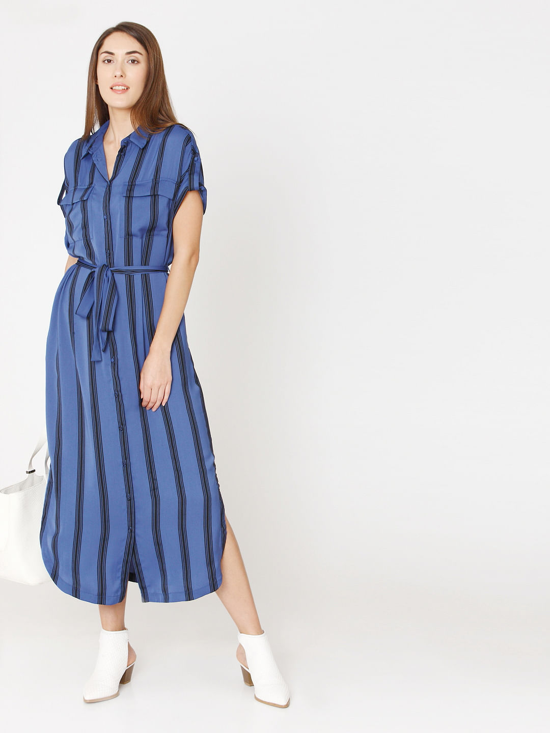 navy striped shirt dress