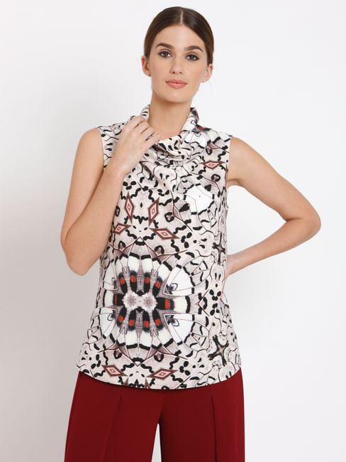 White Abstract Print Top