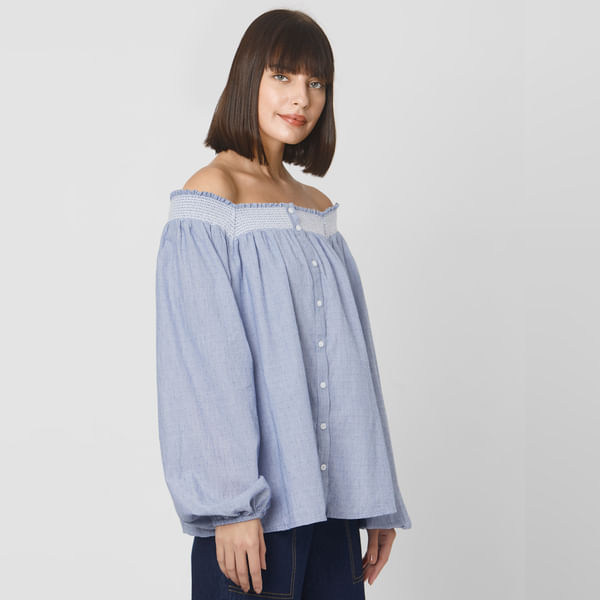 BESTSELLER CLOTHING Blue Embroidered Off Shoulder Top