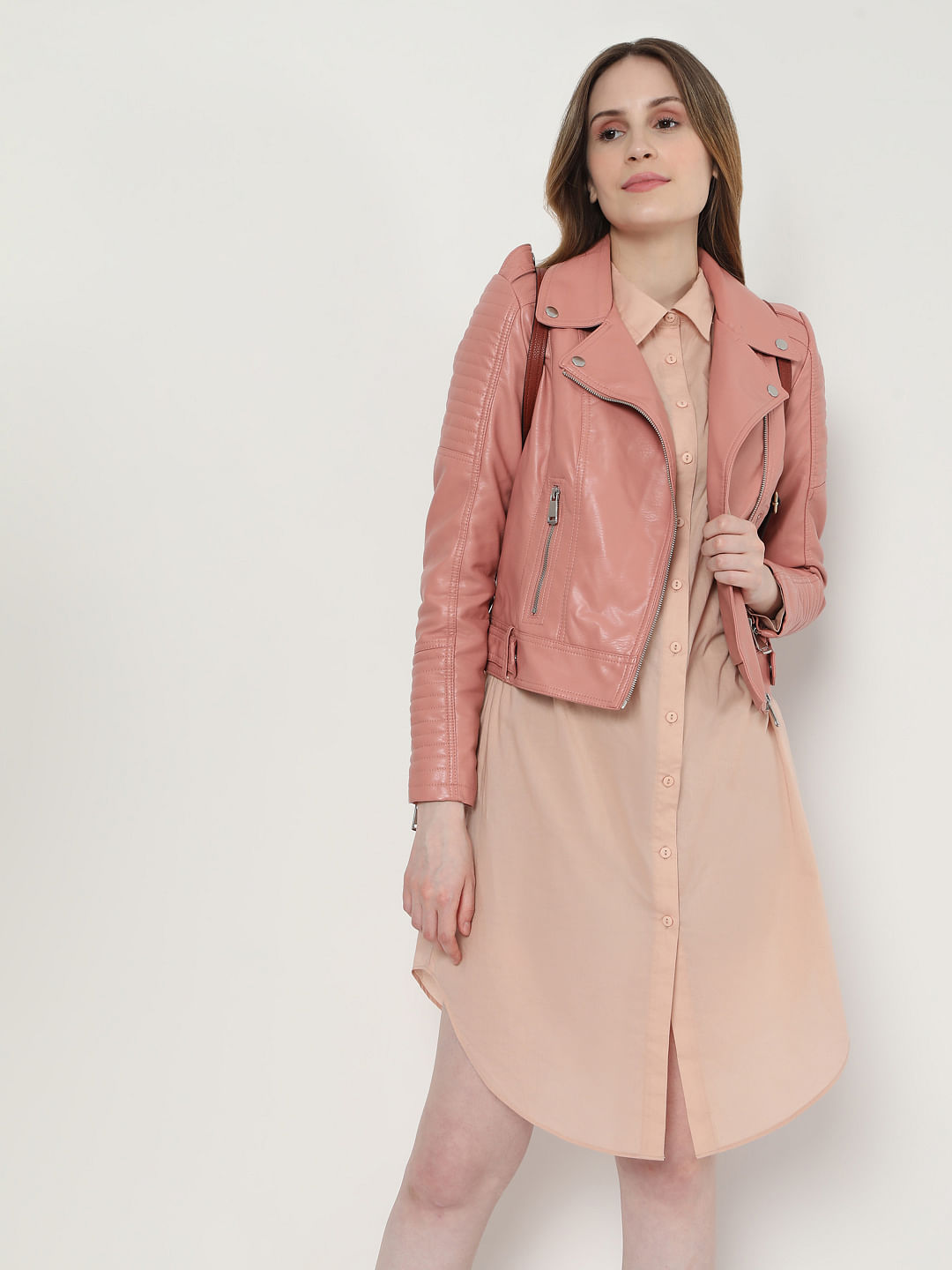 pink faux leather coat